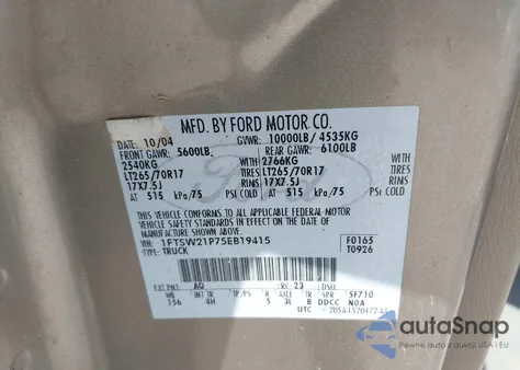 2005 Ford F-250 Lariat/Xl/Xlt из США, поврежденный, VIN 1FTSW21P75EB19415